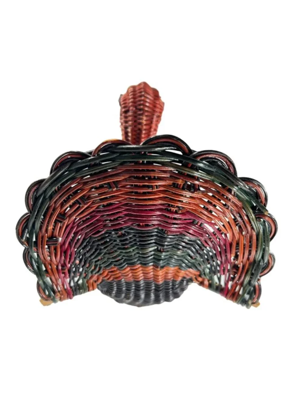 Vtg Wicker Turkey Basket Rattan Red Green Fall Bird Decor Handwoven Colorful